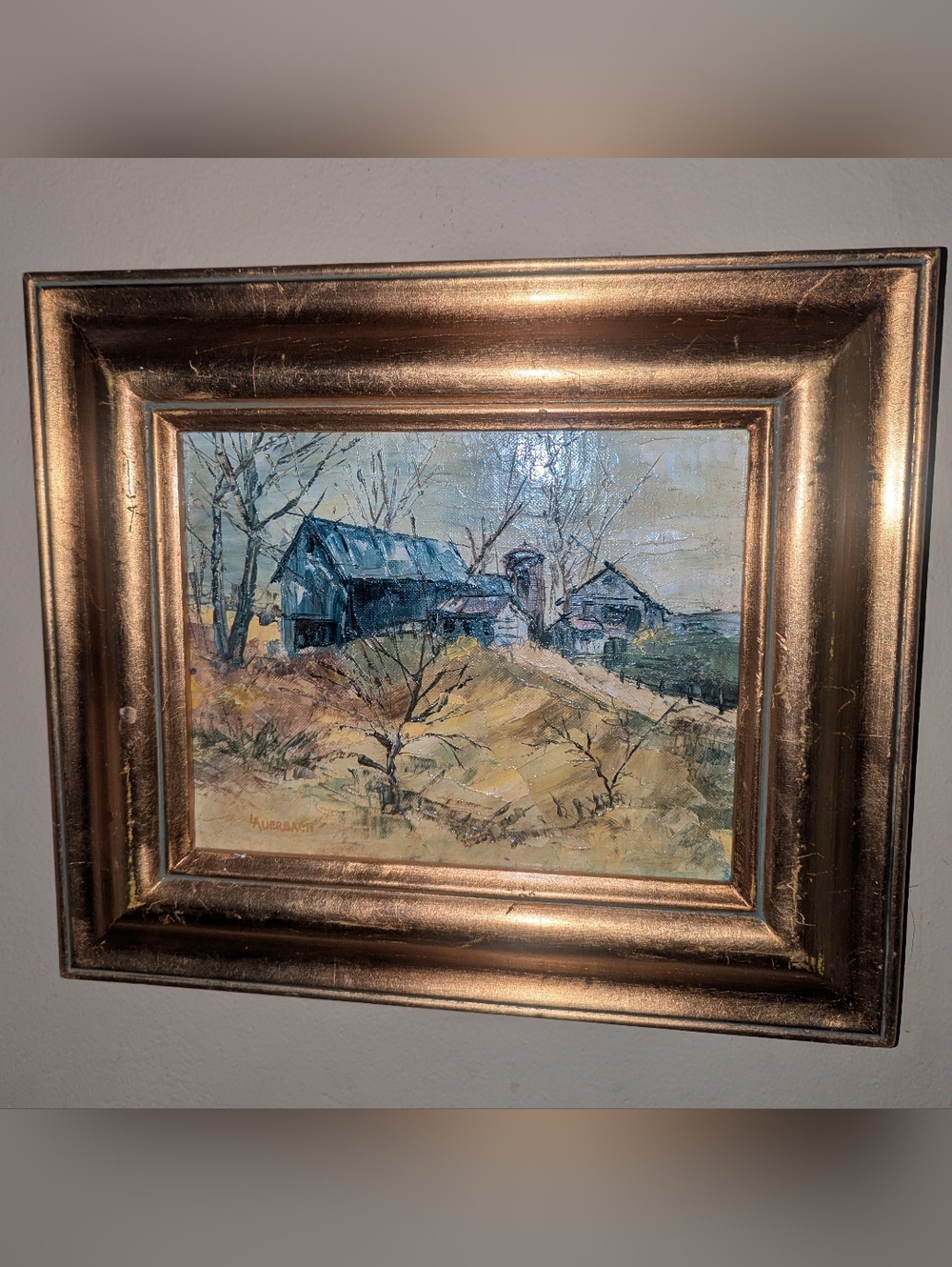 Rustic Barn Landscape Painting in Blue and Gold by